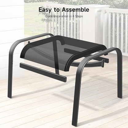 ONBRILL Outdoor Ottoman Foot Rest Set of 2, Textilene Fabric Outdoor Footstool with Tight Surface and Stable Metal Frame, Wide Use Outdoor Ottomans for Patio, Balcony, Poolside and Indoors, Black