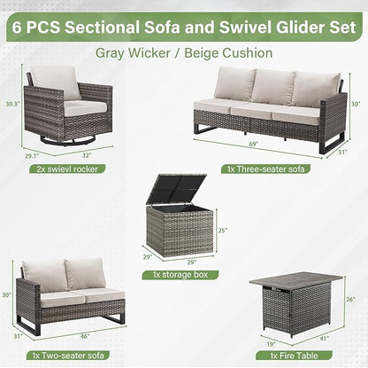 Belord 6-Piece Outdoor Sectional Furniture Set with 41” Fire Pit Table, 5-Seater Patio Furniture Set with Swivel Glider Chairs & Storage Box, 50000 BTU Propane Fire Pit Table, All-Weather PE Wicker