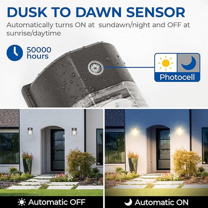 CINOTON 26W LED Wall Pack Light with Dusk to Dawn Sensor, 3000LM [100-277Vac] LED Wall Lights IP65 Waterproof Outdoor Security Flood Lighting for Yard Patio Barn Porch 3000K-Warm White 2 Pack