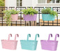 Railing planter box - 3 Pack Metal Hanging Flower Pots with Detachable Hooks & Drainage Holes, Window Oval Bucket Fence Hanging Planters for Outdoor Plants Garden Balcony Home Decor, Purple Pink Blue