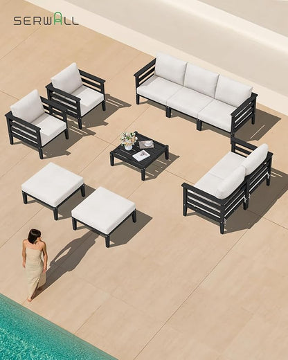 SERWALL HDPE Patio Furniture Set, 2 Pieces Outdoor Sectional Sofa Set, All-Weather Wood-Like Outdoor Sofa Couch with Coffee Table for Deck, Lawn, Black Frame with Khaki Cushion