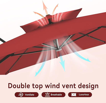 10 X 13 FT Cantilever Outdoor Patio Umbrella with Led Lights Large Heavy Duty 360° Rotation Double Top Offset Rectangular Umbrellas for Backyard Garden Pool Outside Deck, Red