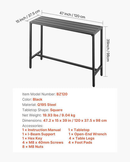 VEVOR Outdoor Bar Table, 47 x 15 in Patio Bar Table, Waterproof Top & Sturdy Metal Frame, Rectangle Counter Height Dining Tables, Outdoor Furniture for Balcony, Yard, Hot Tub, Poolside, Indoor