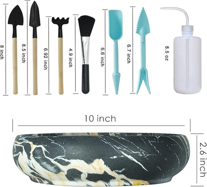Succulent Pots, 10 Inch Large Succulent Planter Pots with Drainage - Ceramic Marble Bonsai Pot with Stand Shallow Planter for Cactus Flower Plants Plus Succulent Planting Tools Set & 2.2lb Mix Pebbles