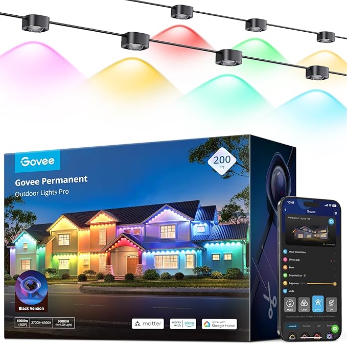Govee Permanent Outdoor Lights Pro, 200ft with 120 RGBIC LED Lights for Daily and Accent Lighting, 75 Scene Modes for Outdoor Decor, IP67 Waterproof, Works with Alexa, Google Assistant, Matter, Black