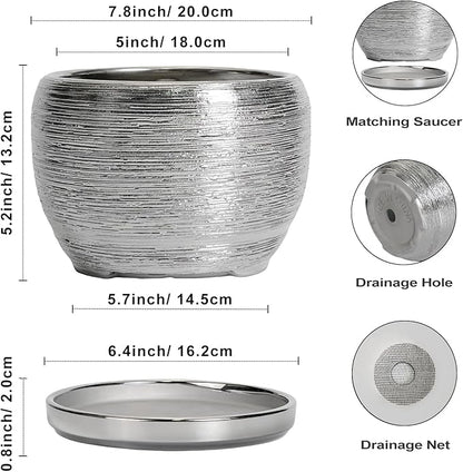 SQOWL Ceramic Pot for Plants - 8 Inch Planter with Drainage Hole and Saucer, Round Planter Indoor Outdoor, Modern Decorative Flower Pot, House Decor, Gifts for Plant Lovers, Silver