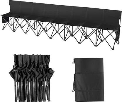 VEVOR Portable Folding Bench, 8 Seats Foldable Sideline Bench, Outdoor Camping Bench Chair with Carry Bag & Backrest, Team Sport Sideline Bench for Football Fishing, No Assembly Instant Seating, Black