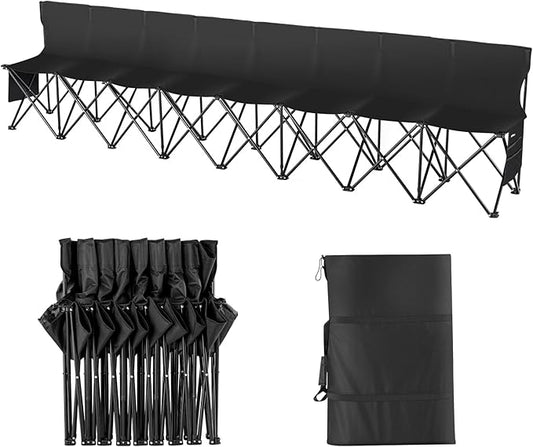 VEVOR Portable Folding Bench, 8 Seats Foldable Sideline Bench, Outdoor Camping Bench Chair with Carry Bag & Backrest, Team Sport Sideline Bench for Football Fishing, No Assembly Instant Seating, Black