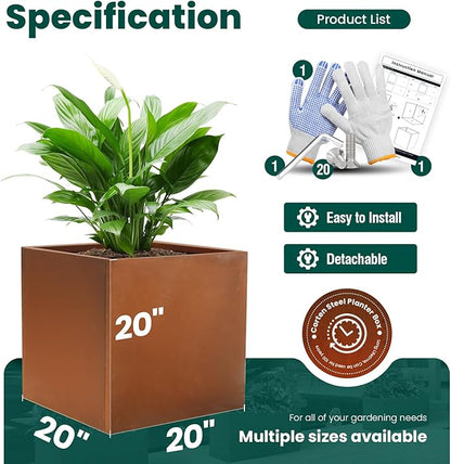 Corten Steel Planter Box Outdoor Planter Metal Square 20 Inch Large Steel Flower Pot Rustic Cube Patina Tall Plant for Commercial Residential Patio Yard Garden
