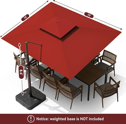 10 X 13 FT Cantilever Outdoor Patio Umbrella with Base Included with Led Lights Large 360° Rotation Double Top Offset Heavy Duty Rectangular Umbrellas for Backyard Outside Deck, Wine Red