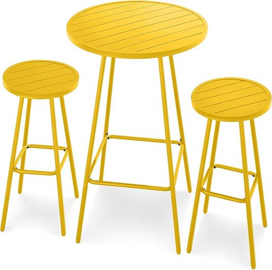Best Choice Products 3-Piece Patio Dining Set, Bar Height, Outdoor Bistro Set, Outdoor Round Bar Table w/ 2 Bar Stools, Steel - Yellow