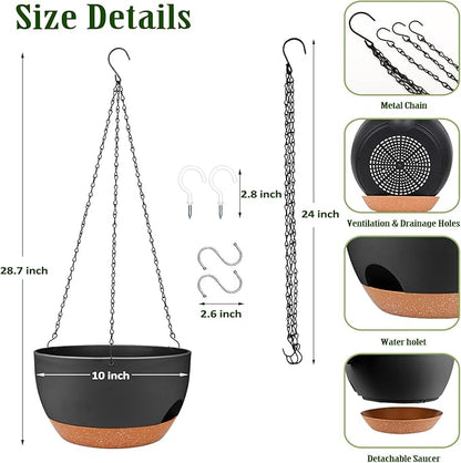 Hanging Planters for Outdoor Indoor Plants, 2 Pack 10 Inch Hanging Basket Plants Outdoor, Self Watering Hanging Planter with Plant Hanger for Garden Home Decoration (Black, 10 inch)