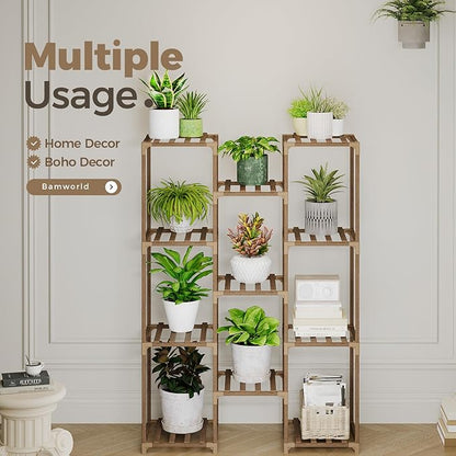 Bamworld Plant Stand Indoor Outdoor Tall Plants Shelf for Multiple Plants Pots Wood Flower Stand Large 11 Pots Plant Holder for Living Room, Patio, Balcony, Garden