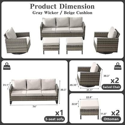 Belord Wicker Patio Furniture 5 Piece Outdoor Sofa Set, Oversize Outdoor Swivel Rocker Chairs with Rattan Ottomans, Conversation Sets Patio Furniture Come with Removable Washable Cushion Beige
