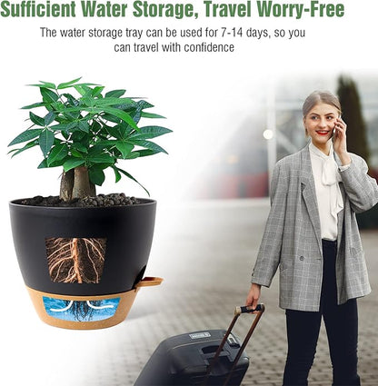 12inch 2Pack Large Self Watering Planters, Plastic Plant Pots with 60oZ Removable Deep Reservoir and Multi Mesh Drainage Holes for Indoor Outdoor Garden Plants and Flowers, Black with Brown