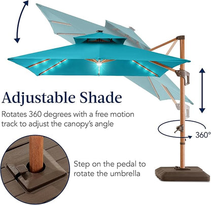 Best Choice Products 10ft Square Cantilever Patio Umbrella w/Base Included, Woodgrain Pattern Pole & Solar LED Lights, 360-Rotation, Offset Hanging Outdoor Shade - Cerulean