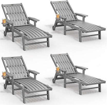 Patio Chaise Lounge Chair Set of 4, Oversized Lounge Chair Outdoor with 5 Positions, HDPE, Patio Lounge Chair with Wheels & Cup Holder for Pool, Deck, Poolside,Grey