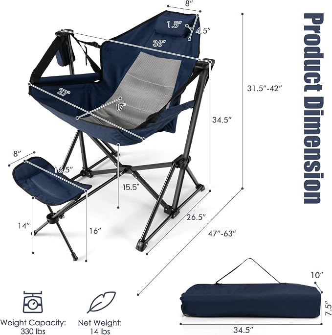 Camping Chair, Navy, Adjustable Back and Retractable Footrest