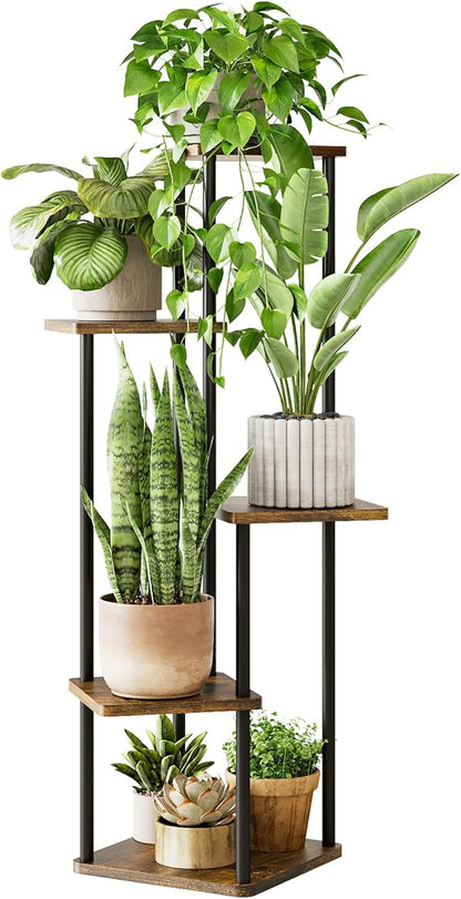 Tall Plant Stand Indoor 5 Tiered Plant Shelf for Multiple Plants Coner Shelf Stand Wood Plant Stand Metal Shelving for Living Room Bedroom Balcony Patio Brown Oak