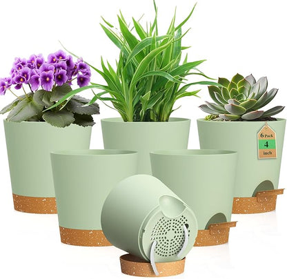 4 inch Self Watering Pots for Indoor Outdoor Plants, 6 Pack Plastic Flower Planters with Drainage Holes and Removable Saucers, Plant Pots with Wicking Rope, Modern Decor, Green Brown