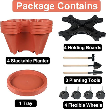 GameXcel Vertical Planter 4 Tier Stackable Planters Garden Planters Strawberry Herb Flower and Vegetable Planter Indoor Outdoor Gardening Pots with Removable Wheels and Tools 2-Pack