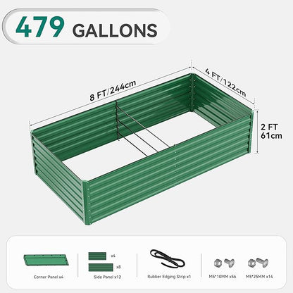 YITAHOME 8x4x2ft Large Raised Garden Bed Kit, Galvanized Metal Planter Box with Gloves, Ground Nails, Support Rod & Safety Rubber, Outdoor Above Ground Planters for Plants Vegetables Flowers, Green