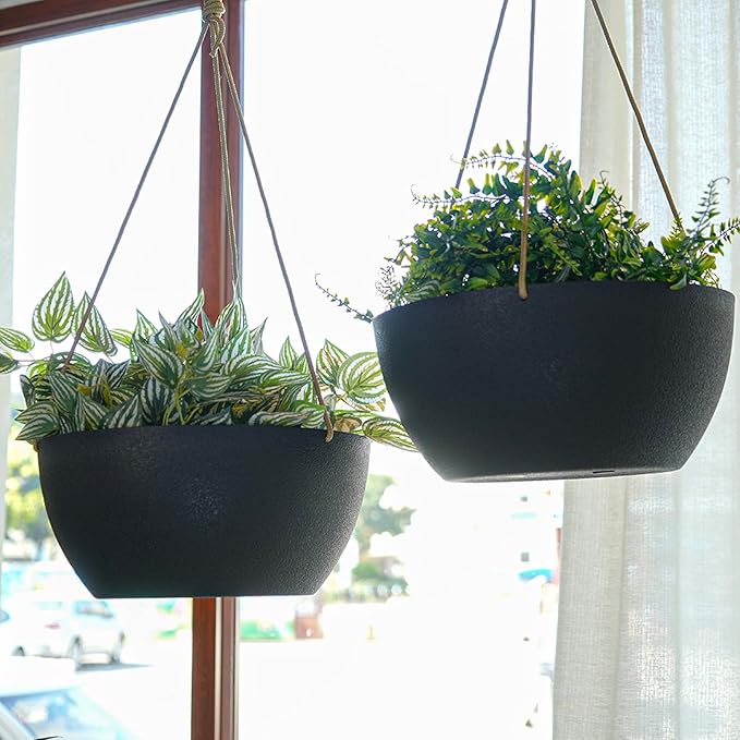 12 Inch 2 Pack Large Hanging Planters for Indoor Outdoor Plants, Plastic Hanging Basket Pots for House Plants Flowers, Black