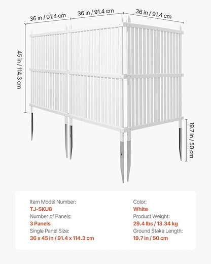VEVOR 3 Panels Outdoor Privacy Screen, 36 x 45 in Air Conditioner Fence with 19.7 in Ground Stakes, Pool Equipment Enclosure, Strip Vinyl Privacy Fence, Ideal for Trash Can and A/C Units, White