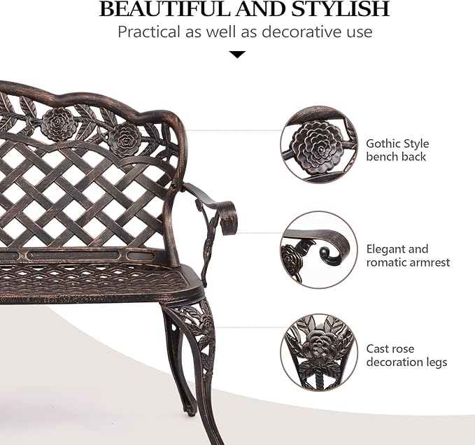 VINGLI 42.5" Patio Garden Bench Outdoor Metal Rose Loveseat, Cast Iron Cast Aluminium Frame Antique Finish Park Chair, Accommodates 2-3 People