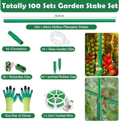 Cludoo 342PCS Garden Stakes Set with 100 Sets Fiberglass Plant Stakes Sticks Supports and Accessories, DIY 4ft 5ft 6ft 7ft Tomato Stakes for Tomato,Vegetables, Pepper, Indoor Outdoor Spring Plants