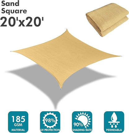 KANAGAWA Sun Shade Sail 20'x20' Sand Rectangle UV Block Canopy Awning Shelter Fabric Cloth Screen for Outdoor Patio Garden Backyard
