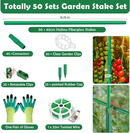 Cludoo 232PCS Garden Stakes Set with 70 Sets Fiberglass Plant Stakes Sticks Supports and Accessories, DIY 4ft 5ft 6ft 7ft Tomato Stakes for Tomato,Vegetables, Pepper, Fences Indoor Outdoor Plants