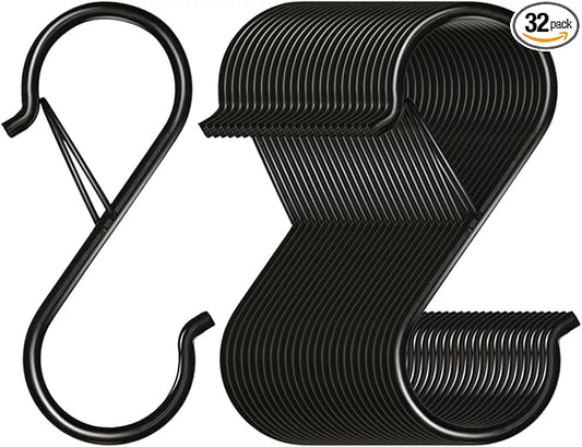32 Pack S Hooks for Hanging, 3.5 inch Heavy Duty Metal S Hooks with Safety Buckle S Shaped Hooks Pot Rack Closet Hooks for Hanging Plants, Clothes, Kitchen Utensil, Pots, Pans, Bags (Black)