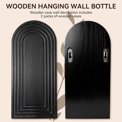 2 Pack Wooden Wall Vase Set, Boho Hanging Planter for Indoor Plants & Flowers, Wood Wall-Mounted Planters for Living Room, Modern Farmhouse Entryway or Bathroom, Rustic Art for Home (Black)
