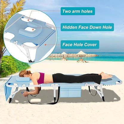 ABORON 3 in 1 Sun Tanning Chair, Heavy Duty Folding Chaise Lounge Chairs, Oversized with Mat/Pillow/Face Arm Hole, for Beach Pool Lawn Yard Patio