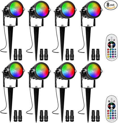RGBW Low Voltage Landscape Lights, 10W 12/24V Color Changing Landscape Lighting with Remote, IP65 Waterproof Outdoor LED Spotlight for Garden Christmas Halloween, 8 Pack with Connectors