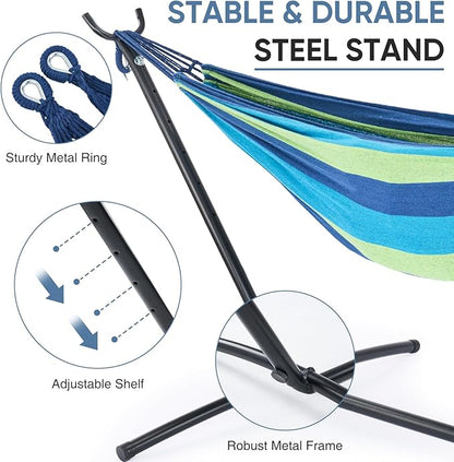 DUMOS Double Hammock with Space Saving Stand, Heavy Duty Steel Frame, Portable for Outside & Indoor Use, 450lbs Capacity, Easy Assembly, Carrying Bag Included, Blue