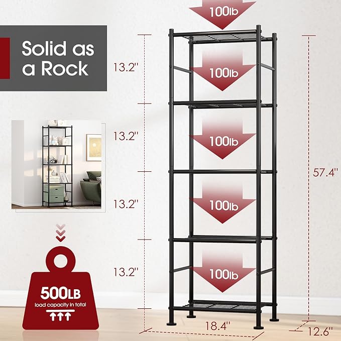 Storage Shelves - 5 Tier Shelf Organizer, Heavy Duty Garage Shelving Unit with Leveling Feet, Stable Metal Shelves Organizer for Pantry, Kitchen and Closet, 18.4" W x 12.6" D x 57.4" H, Black