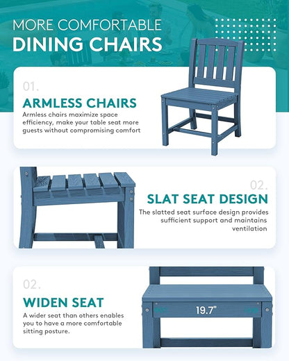 SERWALL 7-Piece Outdoor Dining Set, 60" - 83" Expandable Outdoor Dining Table and 6 HDPE Chairs, All Weather HDPE Outdoor Furniture Set for Backyard, Garden, Blue