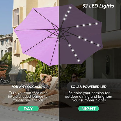 JEAREY 9FT Outdoor Patio Umbrella with Solar Lights, LED Lighted Pool Umbrella with Tilt and Crank, Outdoor Table Umbrellas for Deck, Yard & Market (Taro Purple)