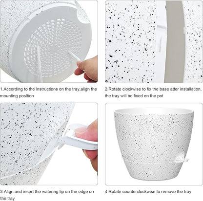12 Inch Large Self Watering Pots, Flower Pots with Multi-Mesh Drainage Holes and Saucer, Planters for Indoor and Outdoor Garden Plants (Speckled White)