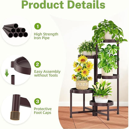 iDavosic.ly 5 Tier Folding Plant Stand Indoor Outdoor with Plastic Tray, Tiered Corner Flower Holder Shelf, Metal Orchid Display Rack for Patio Porch Living Room Garden Balcony, Bronze