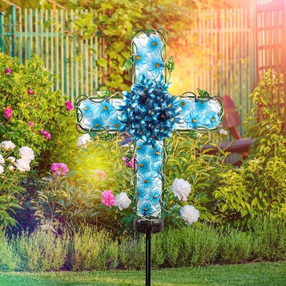 Solar Cross Garden Lights Outdoor Decorative - Solar Metal&Glass Cross Blue Hydrangea Flower Stake Lights- Waterproof 20 Warm White LED for Remembrance Gifts