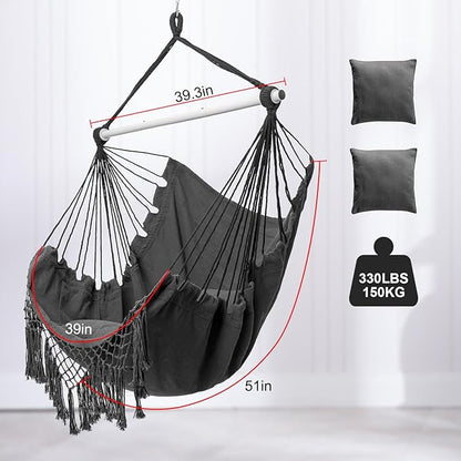 Hammock Chair, Hanging Rope Swing Seat with 2 Cushions,Macrame Hanging Chair Side Pocket with High Load-Bearing Metal Rod,for Indoor, Outdoor, Extra Comfortable (Dark Grey)