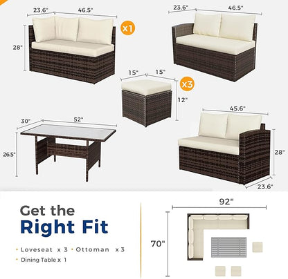 Wisteria Lane 7 Piece Patio Furniture Set, Wicker Patio Sectional with Wide Armrest, All Weather Outdoor Dining Set, Outdoor Furniture Patio Conversation Set with Ottoman, Brown