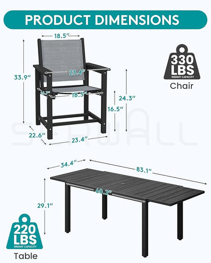 SERWALL 7-Piece Patio Dining Sets, 60" - 83" Expandable Outdoor Dining Table with 6 Breathable Textilene Chairs, All Weather HDPE Patio Furniture Set for Backyard, Garden, Black