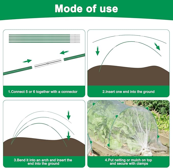 Greenhouse Hoops Grow Tunnel, 10 Sets of 8FT Long Garden Hoops for Raised Beds, Rust-Free Fiberglass Support Hoops Frame for Garden Netting, DIY Plant Support Garden Stakes for Row Cover, 60 Pcs
