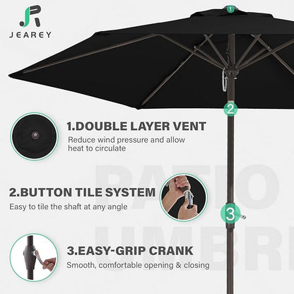 JEAREY 7.5FT Patio Umbrella Market Table Umbrella with 6 Sturdy Ribs, Push Button Tilt/Crank Outdoor Umbrella for Garden, Deck, Backyard, Pool, Black