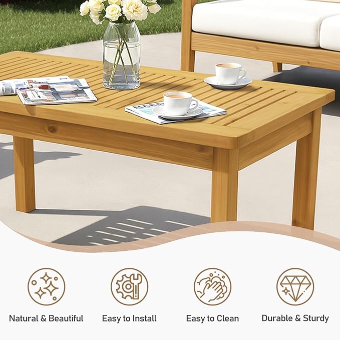 VINGLI Outdoor Wood Coffee Table, 35" Farmhouse Side Table for Patio, Solid Cedar Wood Accent Table with Slatted Tabletop, Weather-Resistant End Table for Garden, Poolside, Lawn, Living Room (Teak)