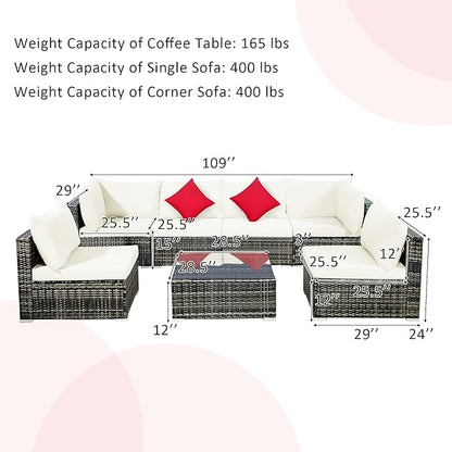 Tangkula 7 Pieces Wicker Patio Furniture Set, All-Weather Outdoor Rattan Sectional Sofa Set with Cushions & Tempered Glass Coffee Table, Outside Sofa Set for Garden, Lawn, Deck, Backyard (White)